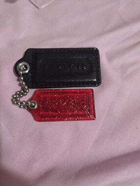 Coach Black Leather and Red Glitter Key Tag Duo
